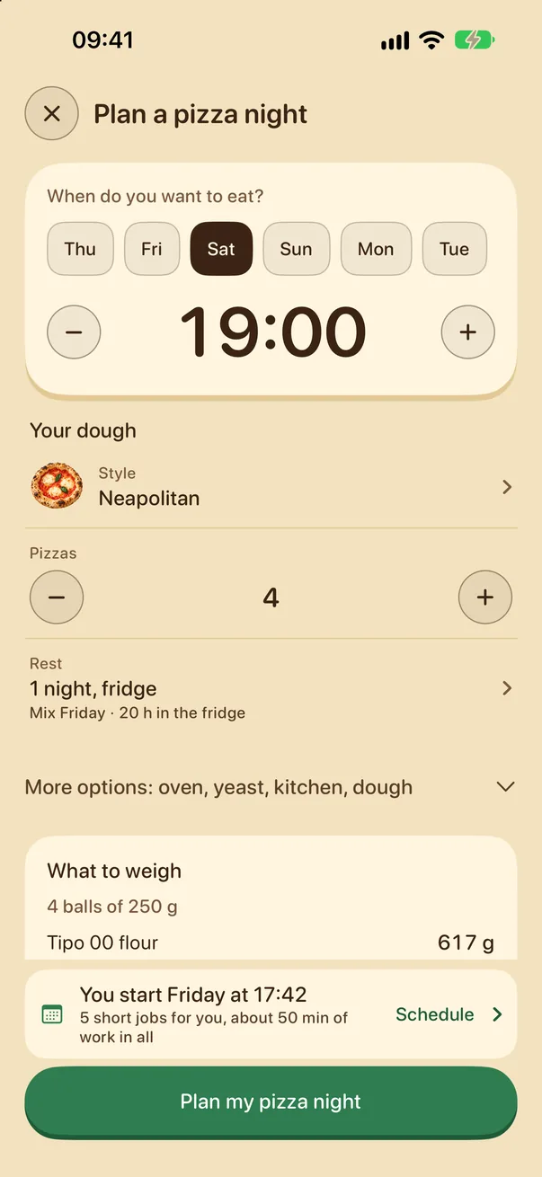 Plan a pizza night: Saturday at 19:00, 4 Neapolitan pizzas, 1 night in the fridge. You start Friday at 17:42