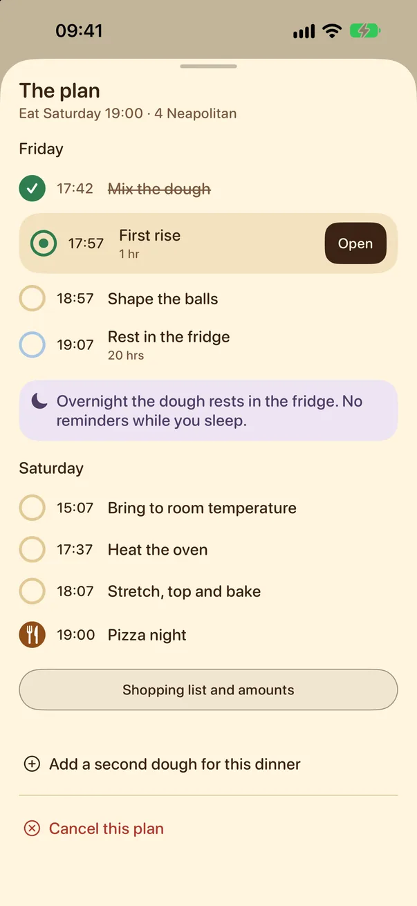 The plan: every step from Friday 17:42 to pizza night on Saturday at 19:00, with the dough resting overnight in the fridge and no reminders while you sleep